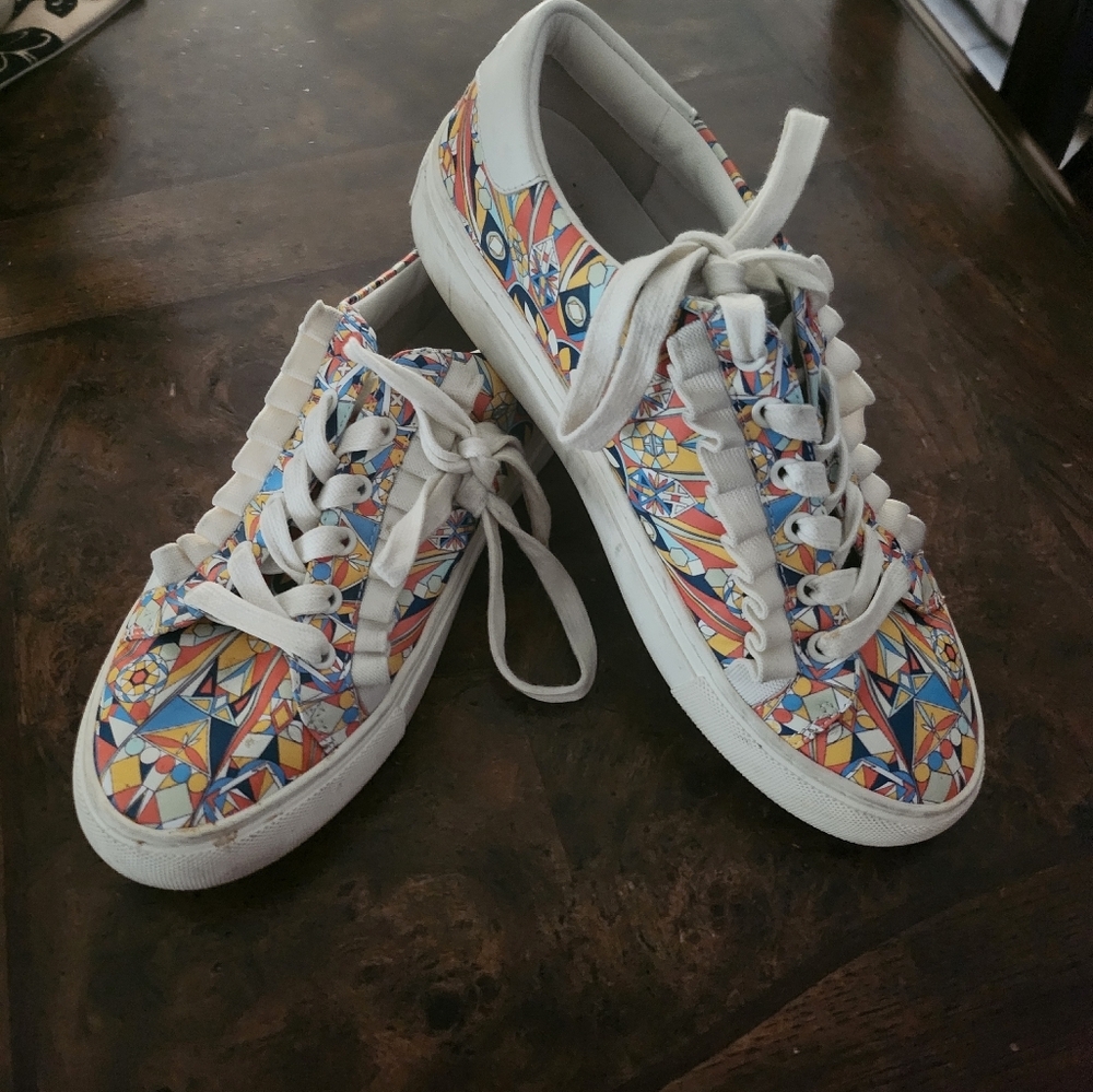 Tory Burch Sport Psychedelic GEO Ruffle Leather Lace Up Sneakers size 7.5
